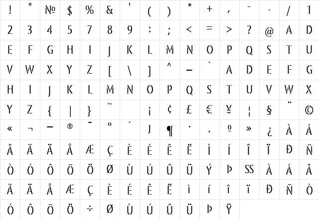 Platoon Regular  glyph index