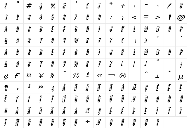 Phoenix Wide Italic  glyph index