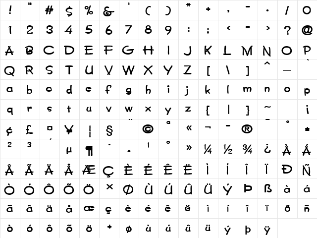 Crayon-Extended Bold  glyph index