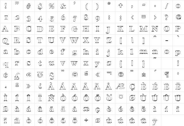 WilliamBeckerOutline-Heavy Regular  glyph index