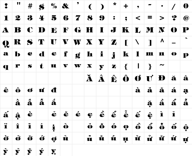 .VnTifani Heavy Normal  glyph index
