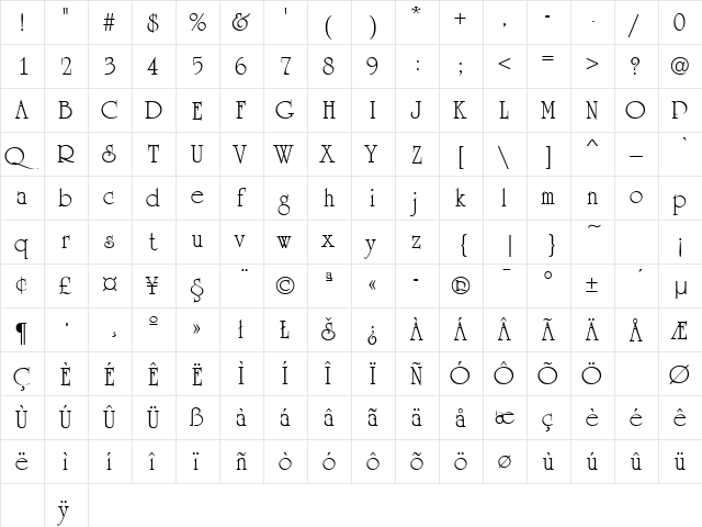 URSULA Regular  glyph index