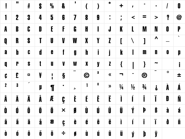 Helvetica LT Std Extra Compressed  glyph index