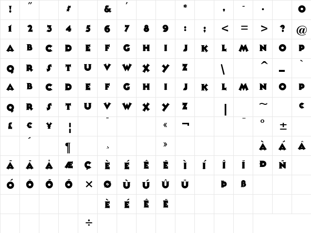 Tooney Noodle Plain Regular  glyph index