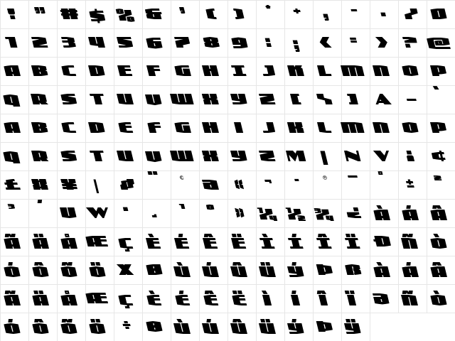 Alpha Century Leftalic Regular  glyph index