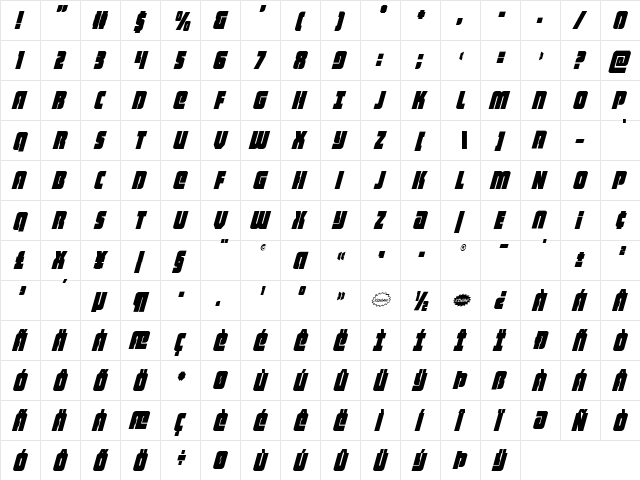 Heavy Falcon Condensed Italic Condensed Italic  glyph index