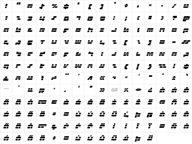 Boomstick Laser Italic Italic  glyph index