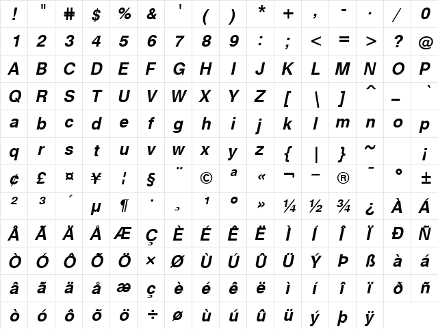 HebarU BoldItalic  glyph index