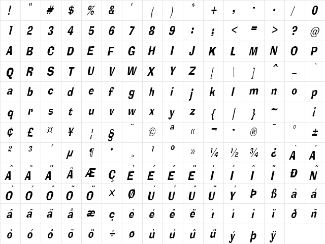 Alor Narrow Condensed Italic  glyph index