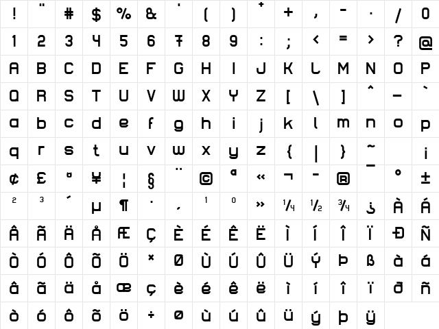 Lastwaerk bold Regular  glyph index