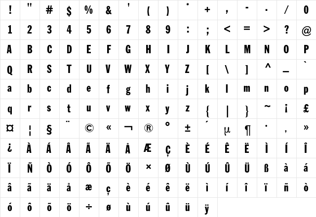 FranklinATFExtraCondensedBQ Regular  glyph index