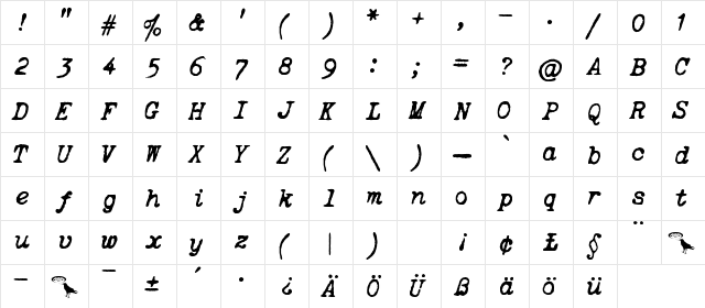ITALIC TYPEWRITER Regular  glyph index
