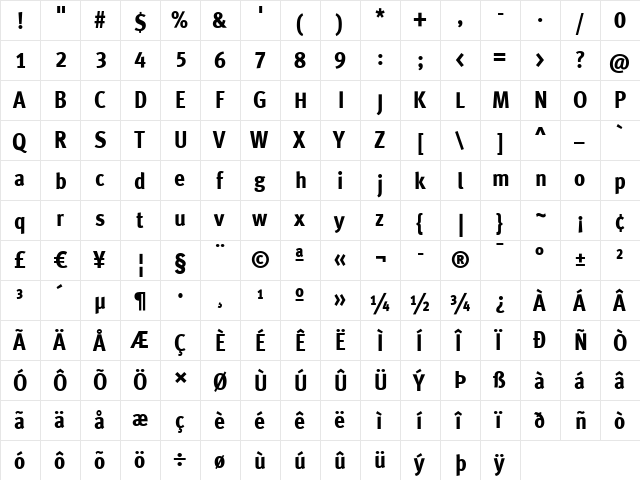 MetaCondExtraBoldLF Roman  glyph index