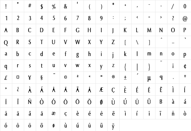 Oxford Cn Bold Bold  glyph index