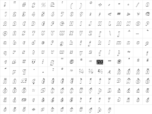 BordeauxBlackOutline Italic  glyph index