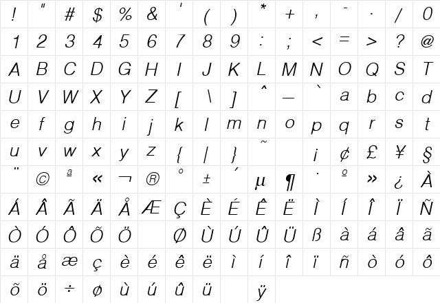 Hallmarke Light Italic  glyph index