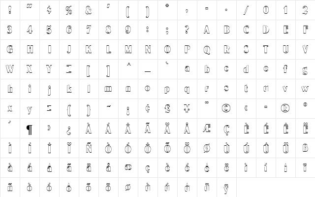 GlobeGothic MN Regular  glyph index