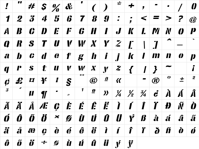StencilSetExtended Oblique  glyph index