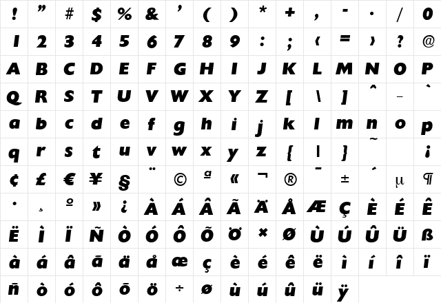 ChantillySerial-Heavy Italic  glyph index