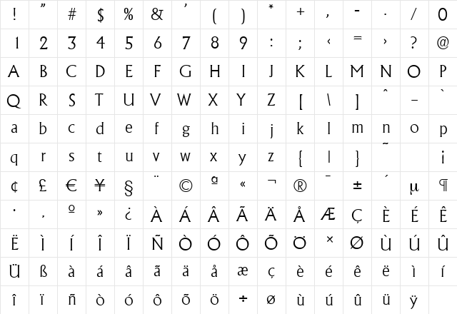 AdelonSerial-Light Regular  glyph index