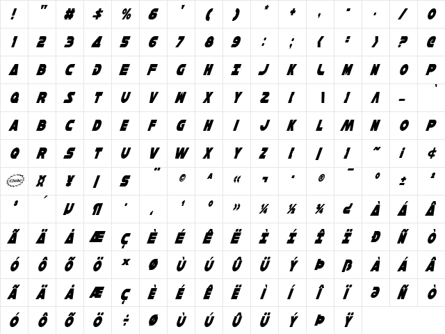 Han Solo Condensed Italic Condensed Italic  glyph index