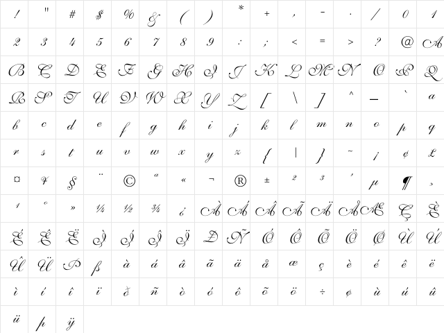Volante Regular  glyph index