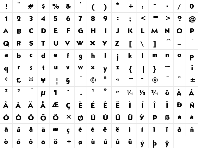 Bully Narrow Bold  glyph index