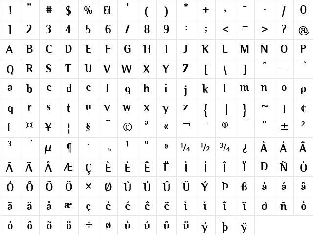 Binary ITC Bold  glyph index