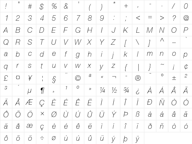 Helvetica 35 Thin Italic  glyph index