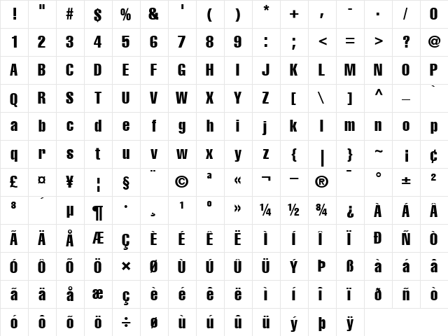 Helvetica-Compressed Roman  glyph index