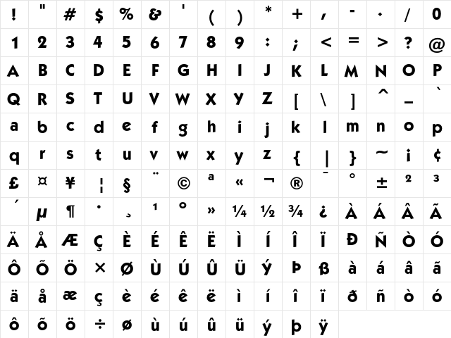 ITC Kabel Bold  glyph index