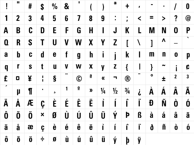 Beetham CondensedBold  glyph index