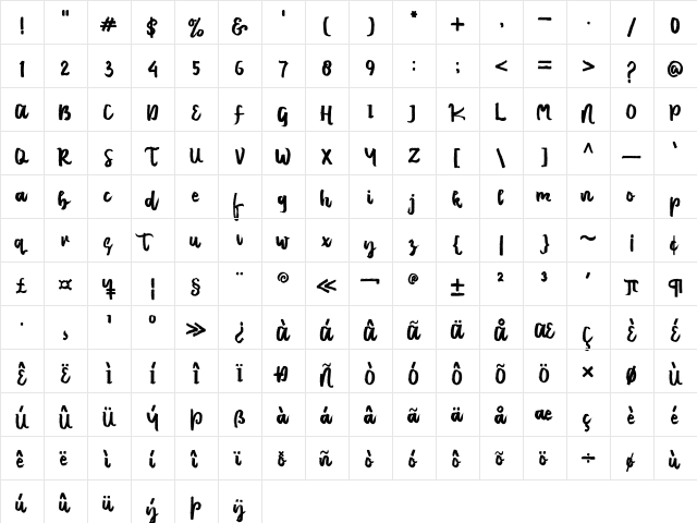 Emilly Stories Regular  glyph index