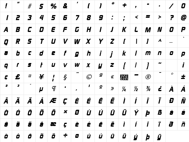 ModaerneHeavy Italic  glyph index