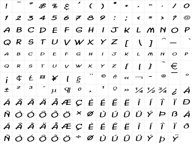 ChasmExtended Italic  glyph index