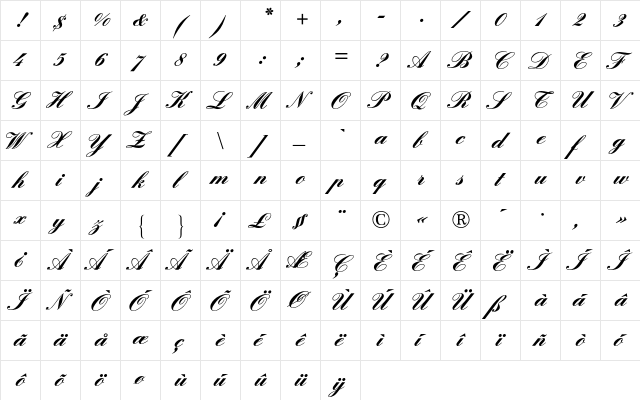 Englische Schreibschrift 2 BQ Regular  glyph index