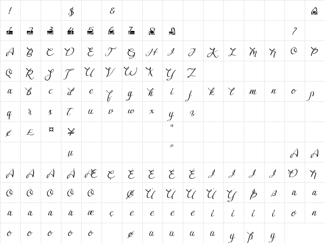 Bougainvillea Regular  glyph index