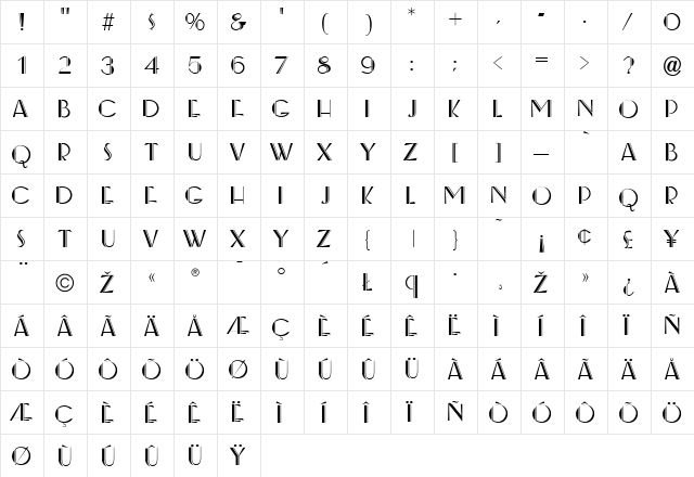 BeverlyHills Regular  glyph index