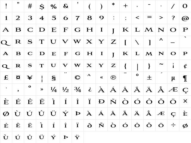 Aviano Bold Bold  glyph index