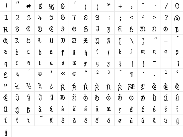 Talloween Regular  glyph index