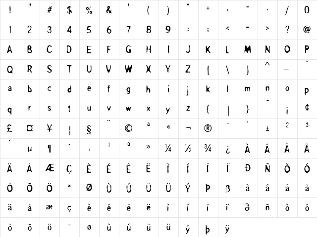 OverprintICG Regular  glyph index