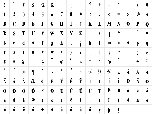 Xerox Serif Narrow Bold  glyph index