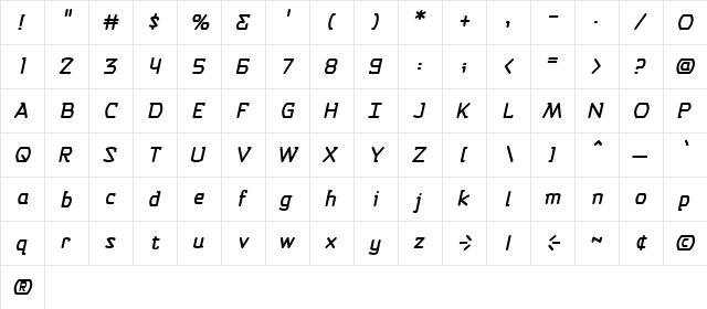 Self Destruct Button BB Italic  glyph index