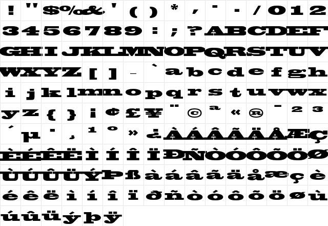 Blackoak Regular  glyph index