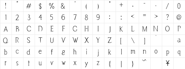 Vendetta Regular  glyph index