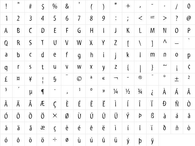 Myriad Tilt  glyph index