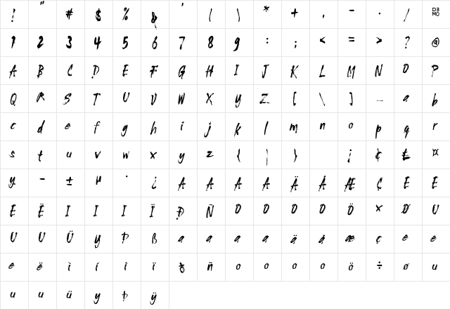 COZYBRUSH_Demo Regular  glyph index
