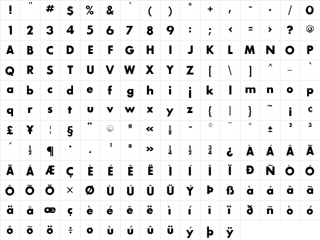 SansSerifBldFLF Regular  glyph index