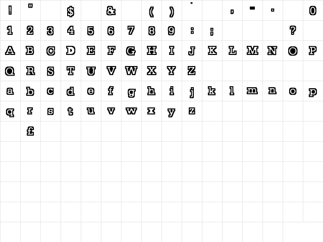 Stocky Regular  glyph index