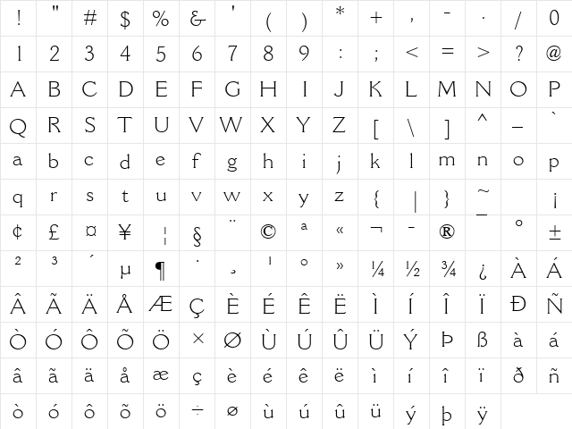 Cantoria MT Light Regular  glyph index